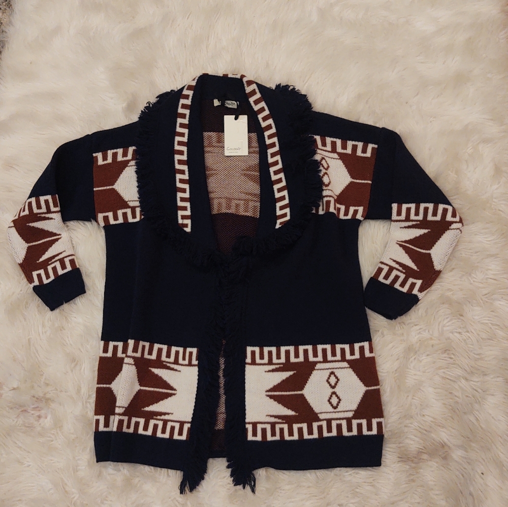 Fringe-Trim Aztec Cardigan Sweater - Navy & Brown